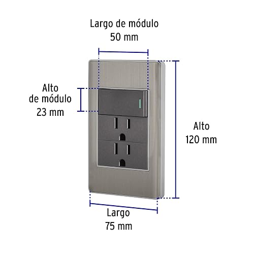 Volteck PA-APCO-L3A, Placa armada 1 interruptor sencillo y 2 contactos de 2 polos + tierra color acero línea Lisboa