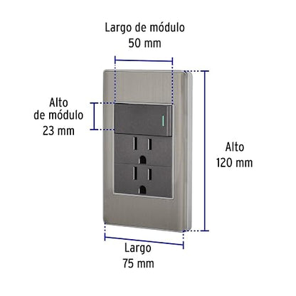 Volteck PA-APCO-L3A, Placa armada 1 interruptor sencillo y 2 contactos de 2 polos + tierra color acero línea Lisboa