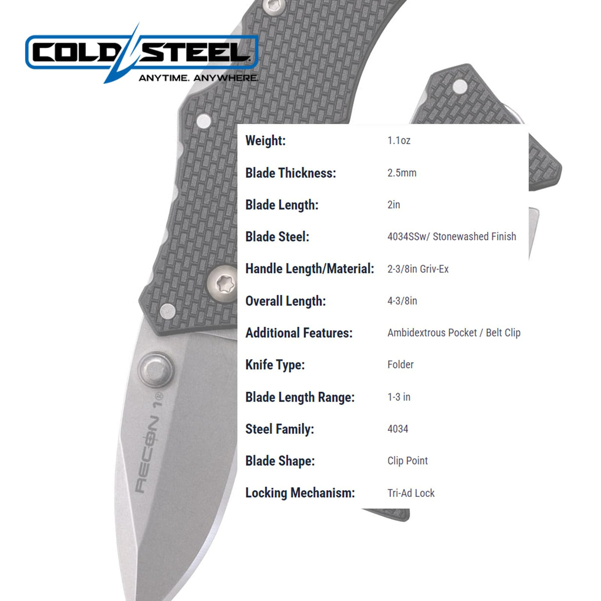 Cold Steel Recon 1 Series Cuchillo táctico Plegable con Bloqueo de Tres anuncios y Clip de Bolsillo, Fabricado con Acero CPM-S35VN de Alta Calidad