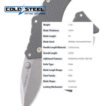 Cold Steel Recon 1 Series Cuchillo táctico Plegable con Bloqueo de Tres anuncios y Clip de Bolsillo, Fabricado con Acero CPM-S35VN de Alta Calidad