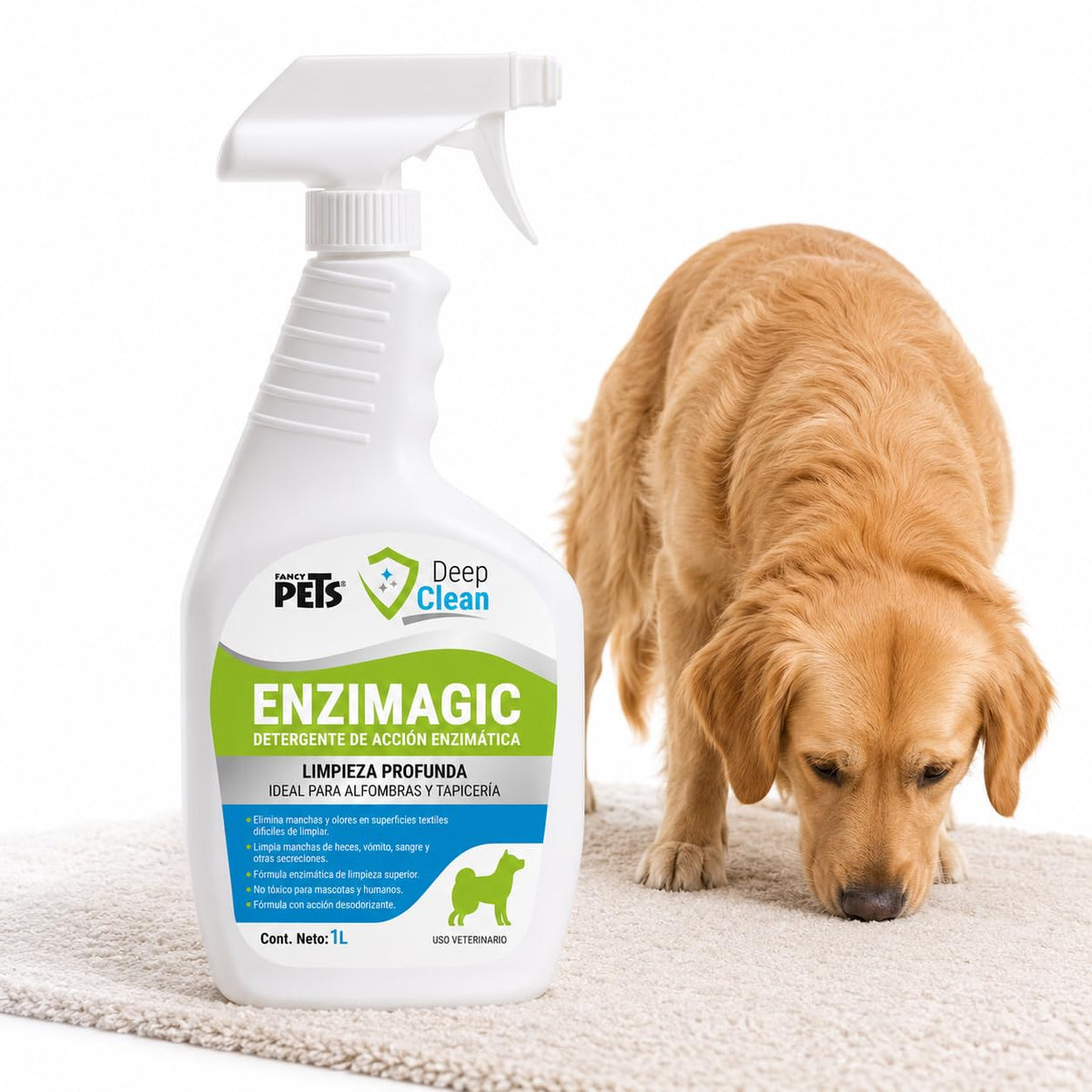 Fancy Pets Deep Clean Enzimagic Limpiador Eliminador de Manchas y Olores de Perros y/o Gatos en Alfombras, Tapicería y otras Telas con 1 Litro