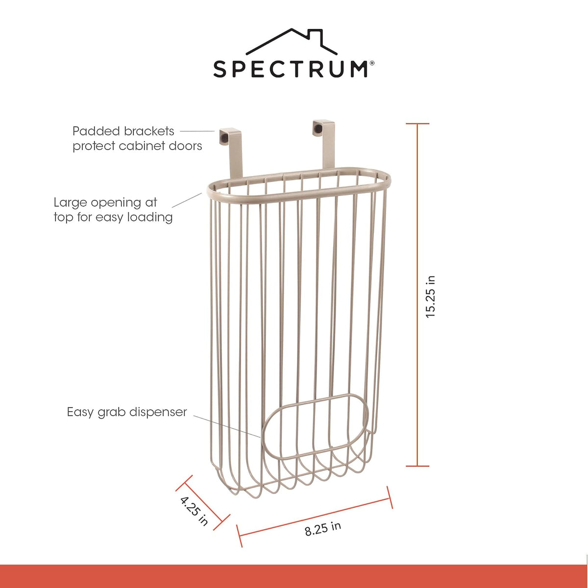Spectrum Ashley - Soporte para bolsa de plástico sobre el gabinete (capa de níquel satinado) - Dispensador de bolsas de comestibles y reciclaje para cocina, baño, debajo del fregadero, hogar y organización de apartamentos