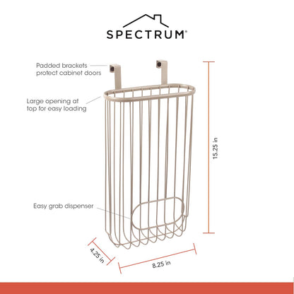 Spectrum Ashley - Soporte para bolsa de plástico sobre el gabinete (capa de níquel satinado) - Dispensador de bolsas de comestibles y reciclaje para cocina, baño, debajo del fregadero, hogar y organización de apartamentos