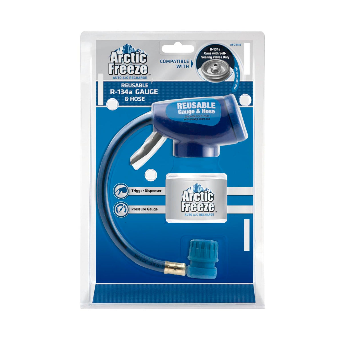 InterDynamics Arctic Freeze - Manómetro y manguera de refrigerante para automóvil, kit de recarga de CA reutilizable compatible con latas R-134A con válvulas autosellantes, InterDynamics