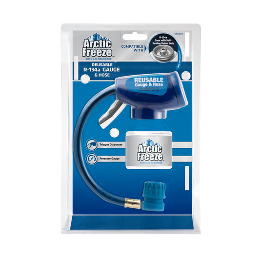 InterDynamics Arctic Freeze - Manómetro y manguera de refrigerante para automóvil, kit de recarga de CA reutilizable compatible con latas R-134A con válvulas autosellantes, InterDynamics