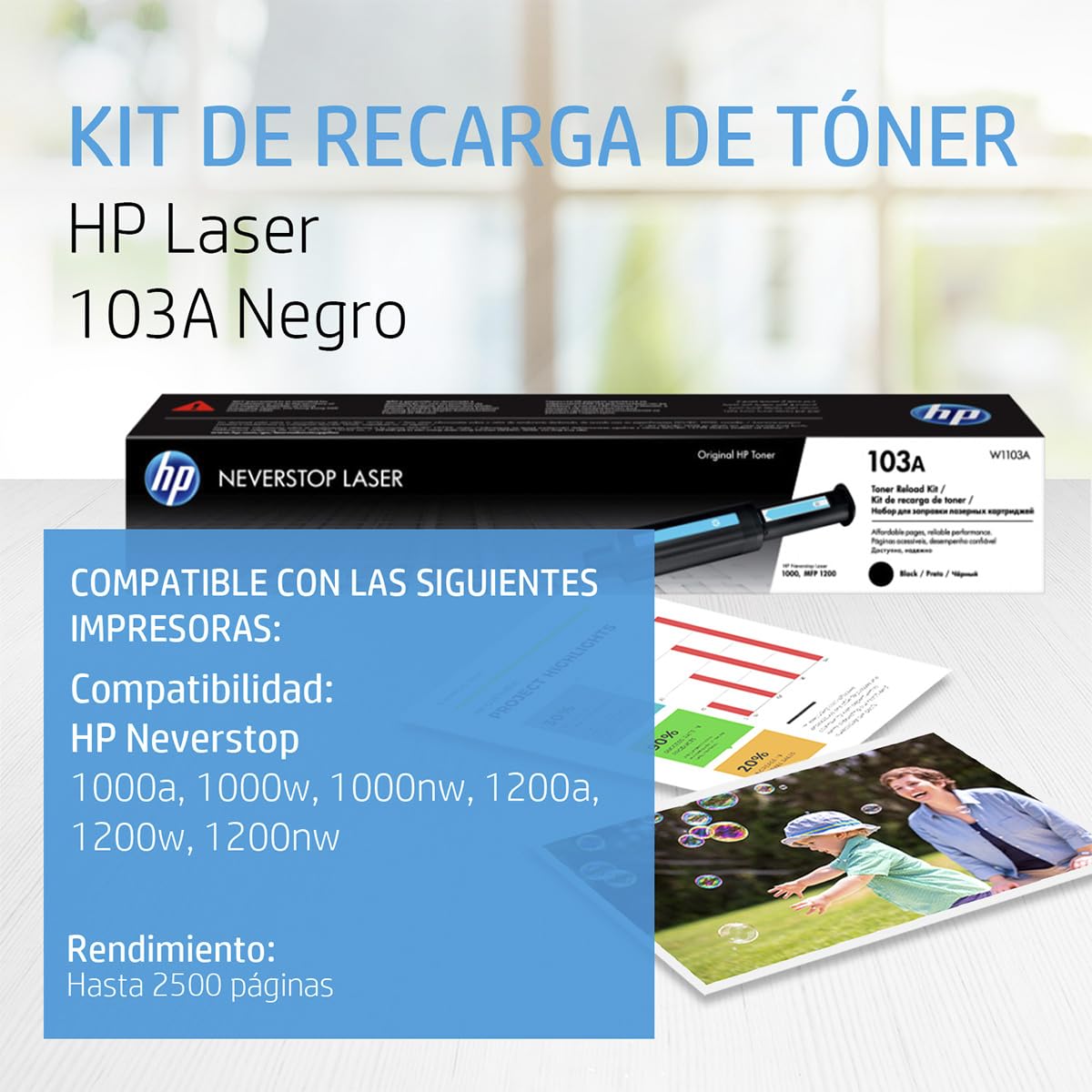 HP Kit de Recarga de tóner Laser 103A Negro Original, Neverstop Laser 1000a/w/n Printer Neverstop Laser MFP 1200a/w/nw Printer, Rendimiento hasta 2500 páginas (W1103A)