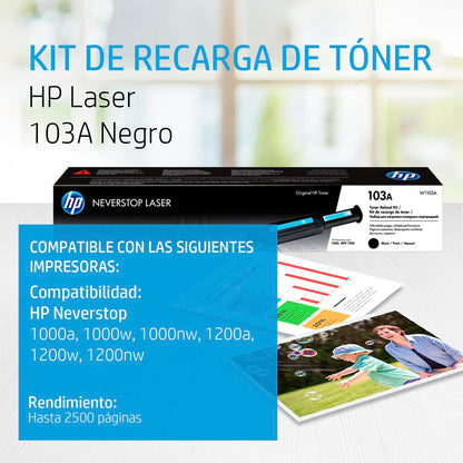 HP Kit de Recarga de tóner Laser 103A Negro Original, Neverstop Laser 1000a/w/n Printer Neverstop Laser MFP 1200a/w/nw Printer, Rendimiento hasta 2500 páginas (W1103A)