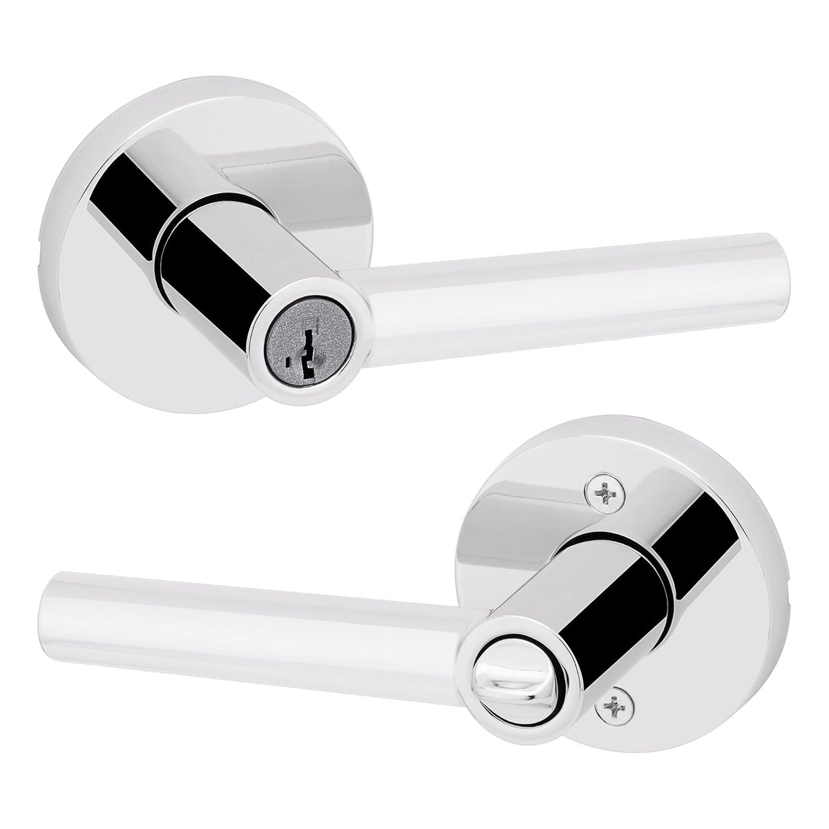 Kwikset Milan - Manija de puerta de entrada con cerradura y llave, palanca reversible con llave segura, para exterior, cerradura de puerta, para entrada frontal y dormitorios, cromo pulido, resistente