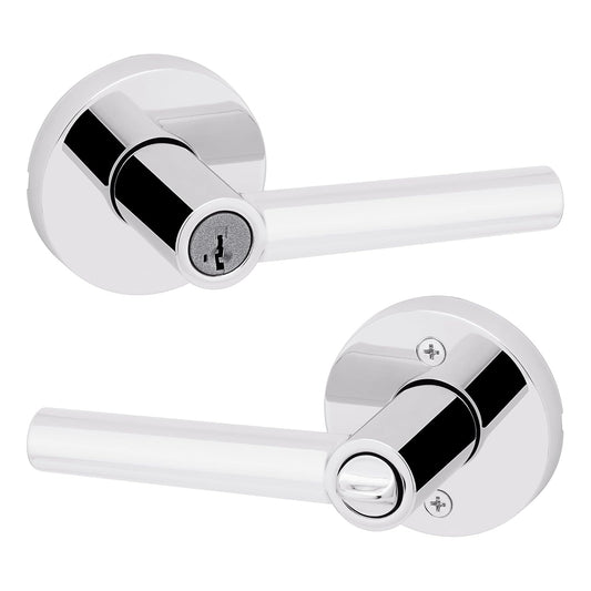 Kwikset Milan - Manija de puerta de entrada con cerradura y llave, palanca reversible con llave segura, para exterior, cerradura de puerta, para entrada frontal y dormitorios, cromo pulido, resistente