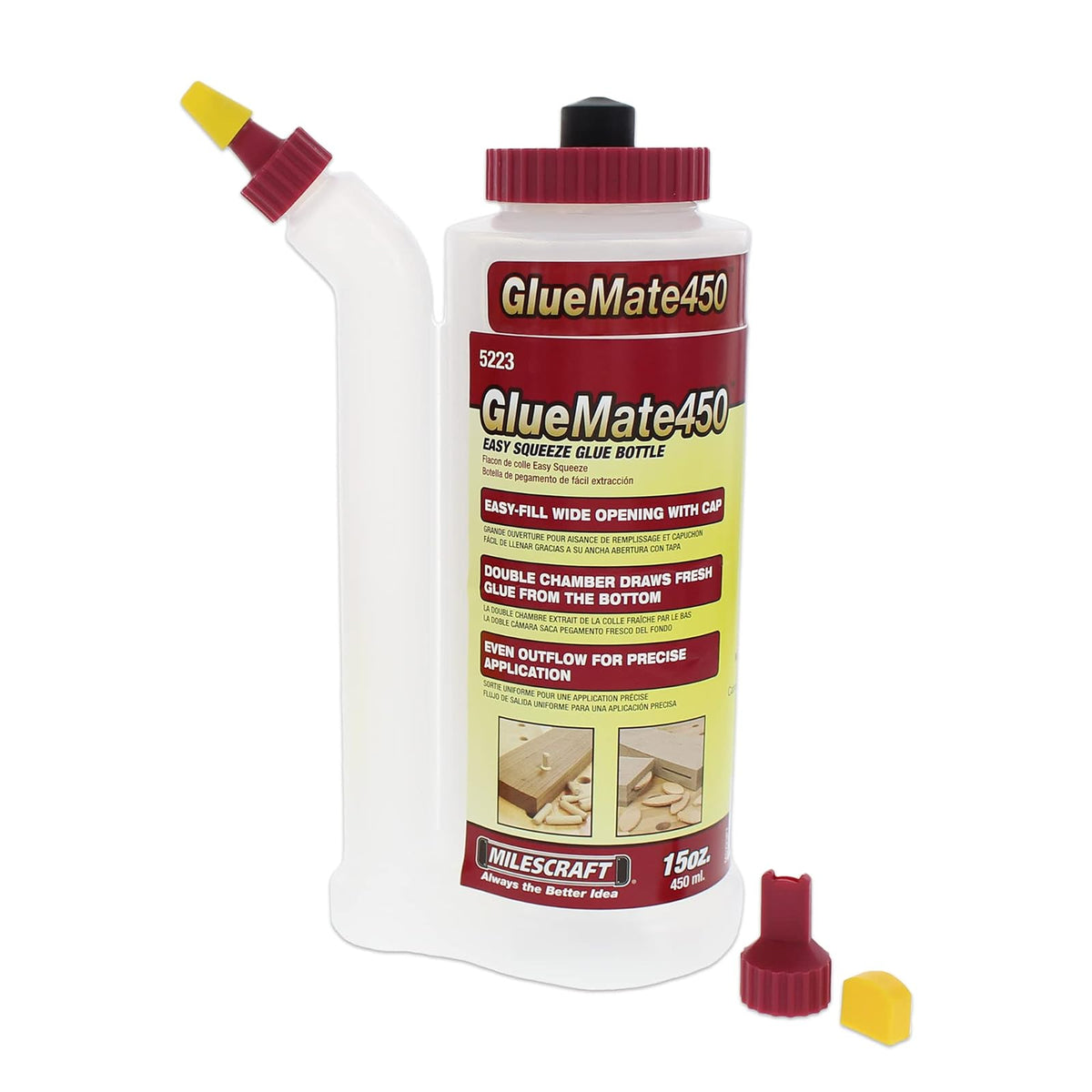 Milescraft 5223 - Botella de pegamento de madera de precisión de 450 ml, antigoteo, puntas de clavija y galletas incluidas, diseño multicámara de fácil flujo, ideal para carpintería