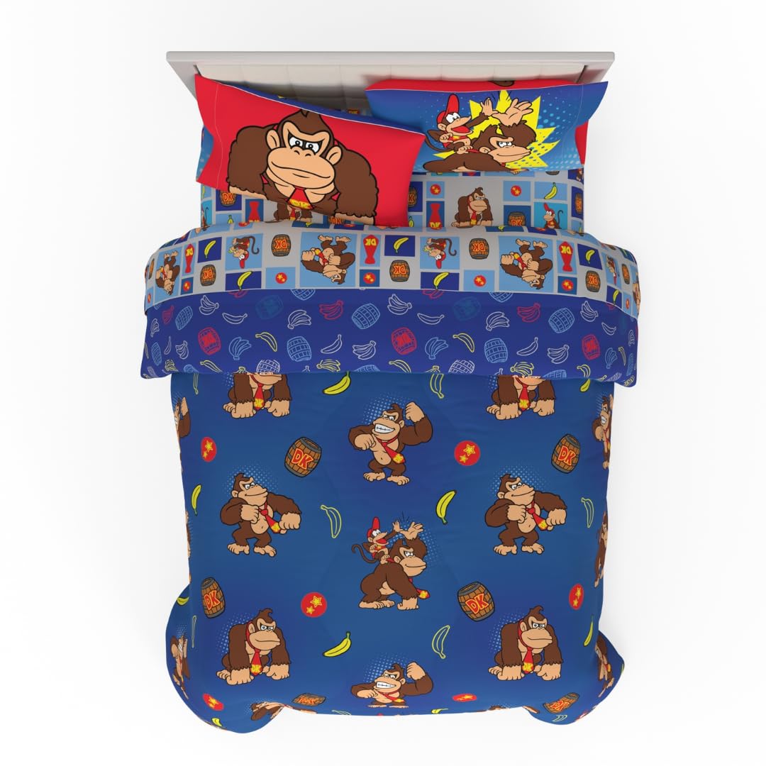 Franco Garfield Juego de Ropa de Cama Reversible, 5 Piezas - 7 Piece Full Size - Rojo - Donkey Kong