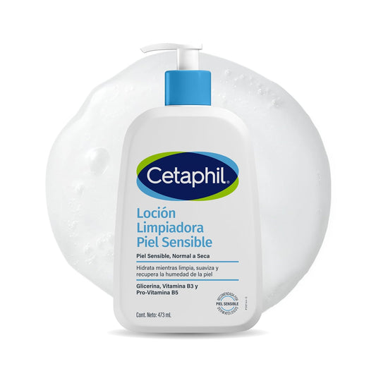 Cetaphil Loción Limpiadora Facial Corporal Piel Sensible y Seca 473 ml | Limpia e hidrata hasta 48 h, remueve maquillaje e impurezas, preserva humectación con niacinamida B3, pantenol y glicerina.