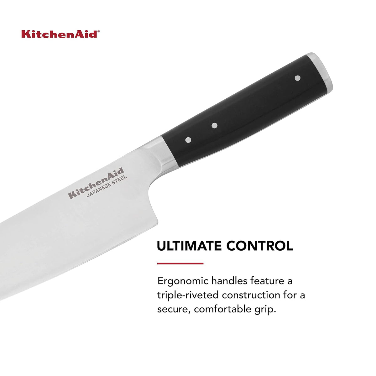 KitchenAid Gourmet - Cuchillo de chef forjado de triple remache con cubierta de hoja de ajuste personalizado, cuchillo de cocina afilado, hoja de acero inoxidable japonés de alto carbono, color negro