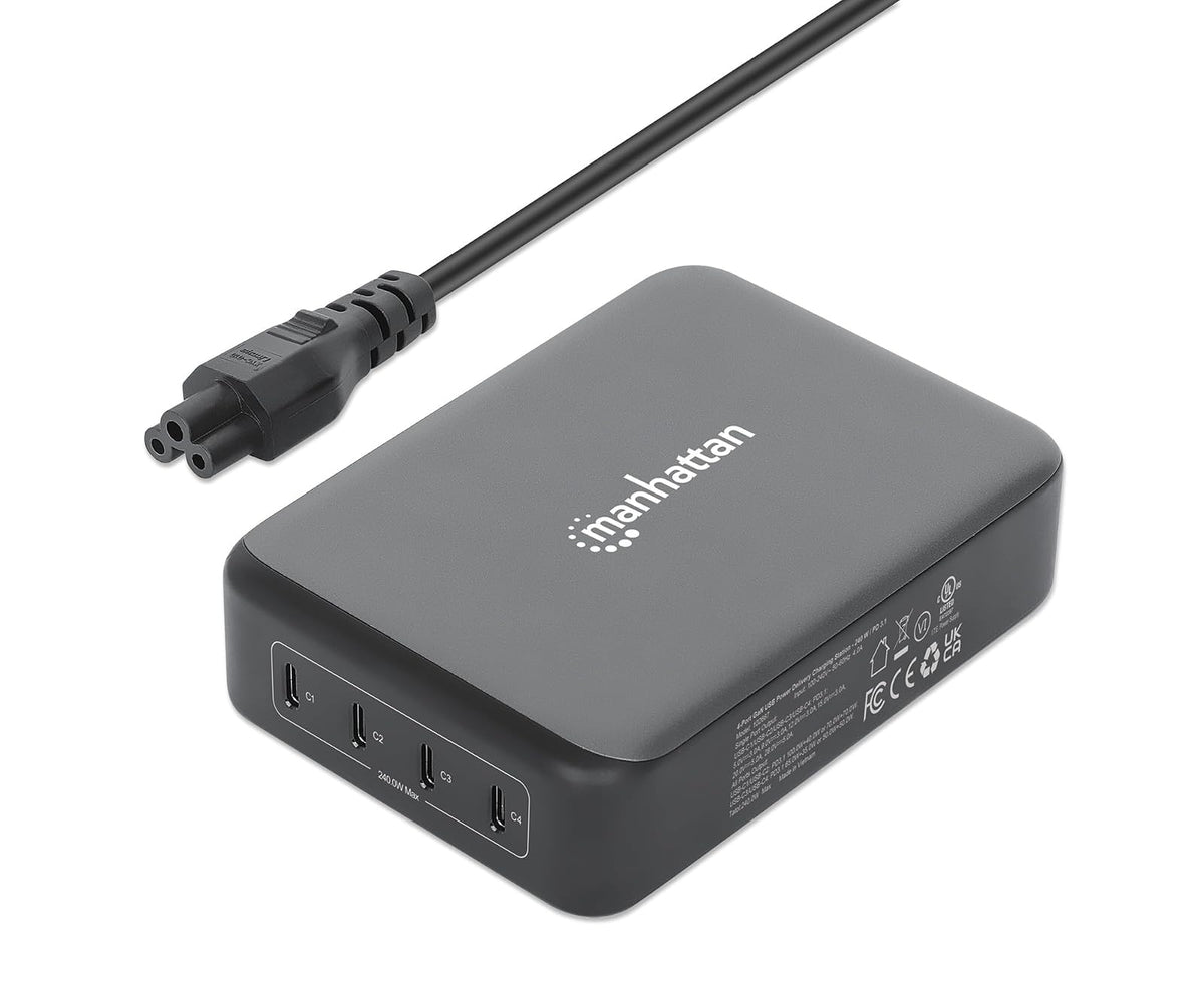 Manhattan 102667 Estación de Carga PD 4 Puertos USB-C 240 W Power Delivery 3.1 GAN, hasta 140 W por Puerto, Carga Rápida Inteligente, Compacta y Segura, Compatible Laptops, Teléfonos y Tablets.