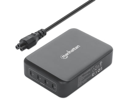Manhattan 102667 Estación de Carga PD 4 Puertos USB-C 240 W Power Delivery 3.1 GAN, hasta 140 W por Puerto, Carga Rápida Inteligente, Compacta y Segura, Compatible Laptops, Teléfonos y Tablets.
