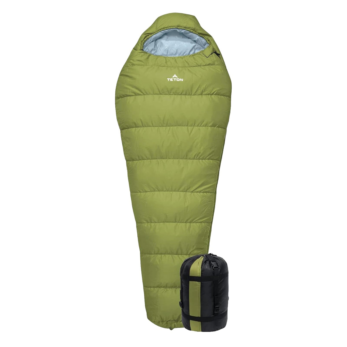 Teton Sports Leef - Saco de Dormir Ligero para mochileros, Camping y Senderismo, Saco de Dormir para Clima frío, Accesorio de Camping con Saco de compresión con cordón - 0F Regular - Musgo - Cielo
