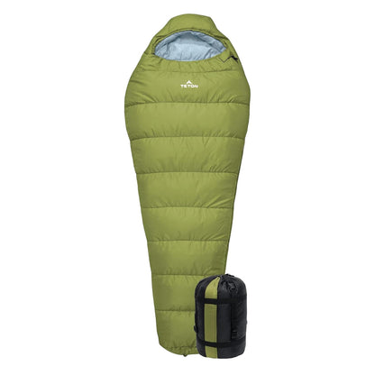 Teton Sports Leef - Saco de Dormir Ligero para mochileros, Camping y Senderismo, Saco de Dormir para Clima frío, Accesorio de Camping con Saco de compresión con cordón - 0F Regular - Musgo - Cielo