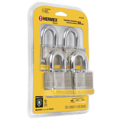 Hermex Basic CM-40X4P Candado de Acero Laminado, Juego de 4 Piezas Igualadas - 50 mm