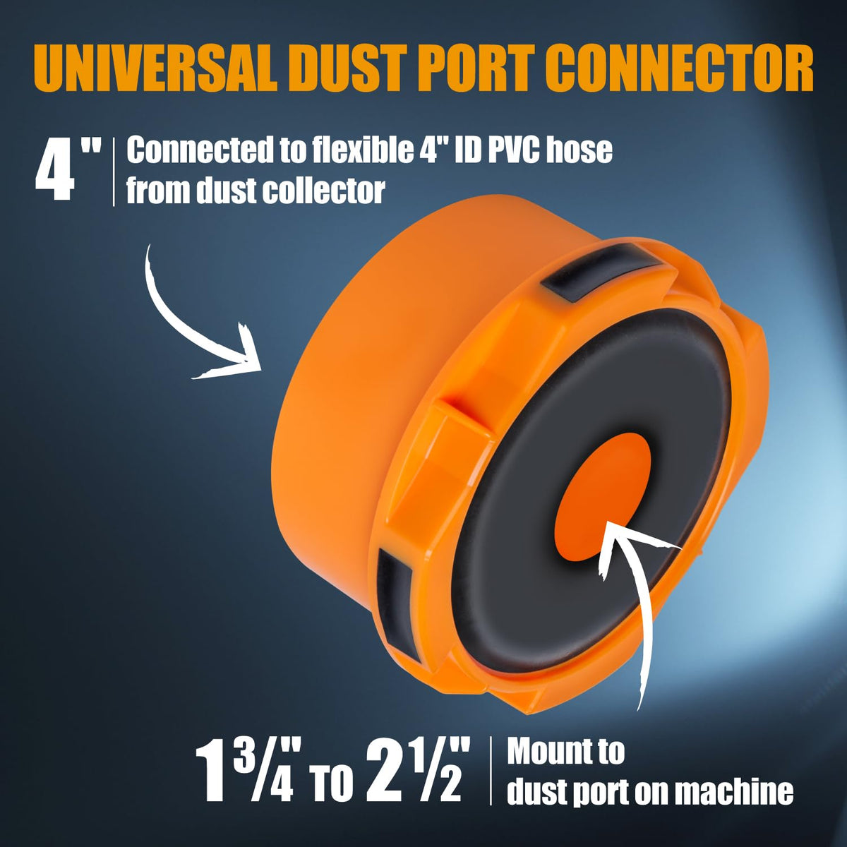 POWERTEC 70354 Adaptador de puerto de polvo para puerto de 1-3/4 pulgadas ~ 2-1/2 pulgadas a manguera de recogida de polvo de 4 pulgadas, accesorios reductores de manguera de conexión rápida para