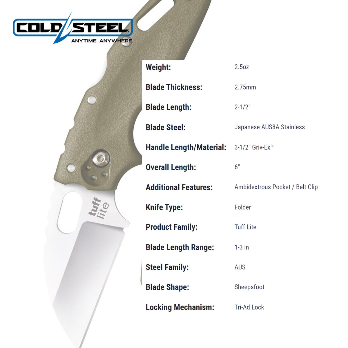 Cold Steel Tuff Lite Folder 2.5in Plain Polymer Handle