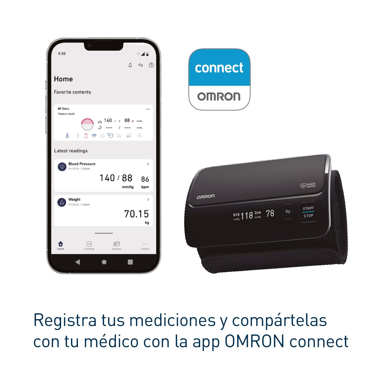 OMRON EVOLV Baumanómetro de Brazo Inalámbrico, App OMRON Connect | Bluetooth y app OMRON Connect. Brazalete Intelli Wrap 22-42 cm. Detecta error de movimiento. Sin cables. Garantía 5 años.