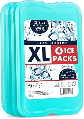 Cool Coolers by Fit & Fresh Paquete de 4 Paquetes de Hielo Delgados XL, Paquetes de Hielo Reutilizables para fiambreras o enfriadores, Color Verde