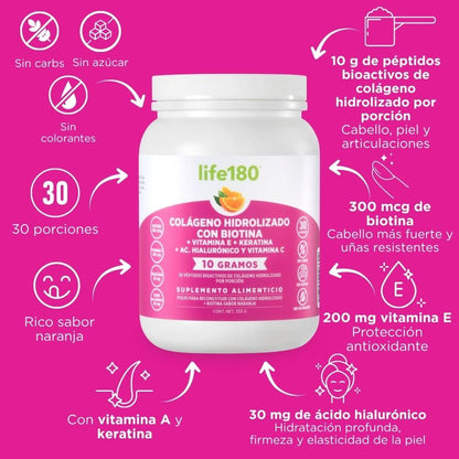 Life180 Dúo Colágeno Hidrolizado Biotina y Vitamina E Sabor Naranja Pack de 2