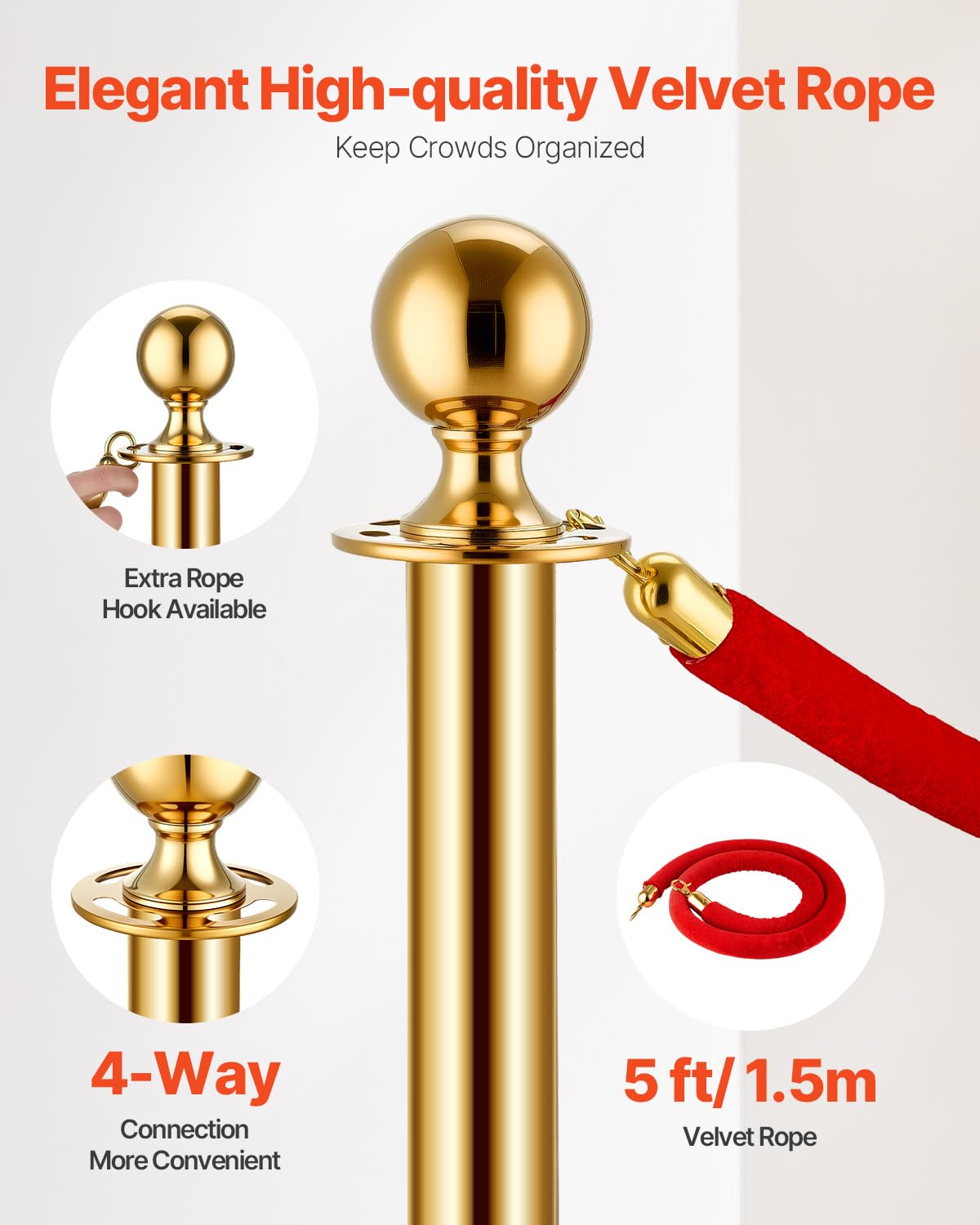 VEVOR 4 PCS Poste de Estaca de Acero Inoxidable de 1,5 m con Base Hueca de Inyección de Arena y 2 Cuerdas de Terciopelo Rojo, Barreras de Control de Multitudes para Teatro, Fiesta, Boda, Dorado