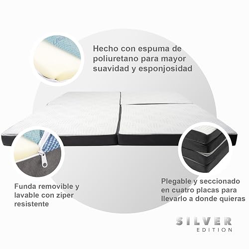 Memory Foam Silver Edition | Colchón/Colchoneta Plegable para Invitados y Visitas con Maleta de Transporte, Soporte Confortable, Portátil y Fácil de Guardar, Blanco con Gris