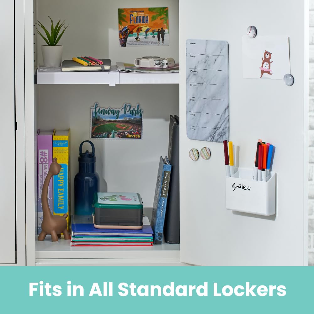 LockerMate Adjust-A-Shelf Locker Shelf, Extends to Fit Your Locker, Easy to Use, Perfect for School, Office, Gym, White