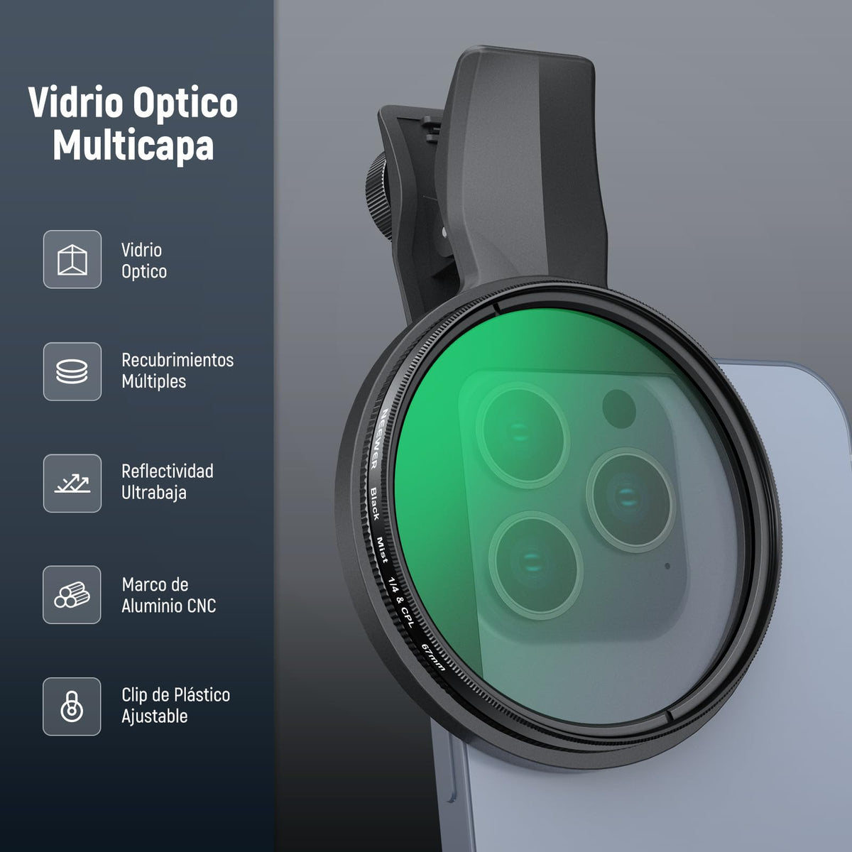 NEEWER 2 en 1 67mm Clip On CPL & Filtro Difusor Negro 1/4 Compatible con iPhone 16, 15, Pro MAX Plus, 16e, 14, 13, Mini y 12, Kit Accesorios Fotografía Lentes Cámara Polarizadoras Circulares, FL-B35.