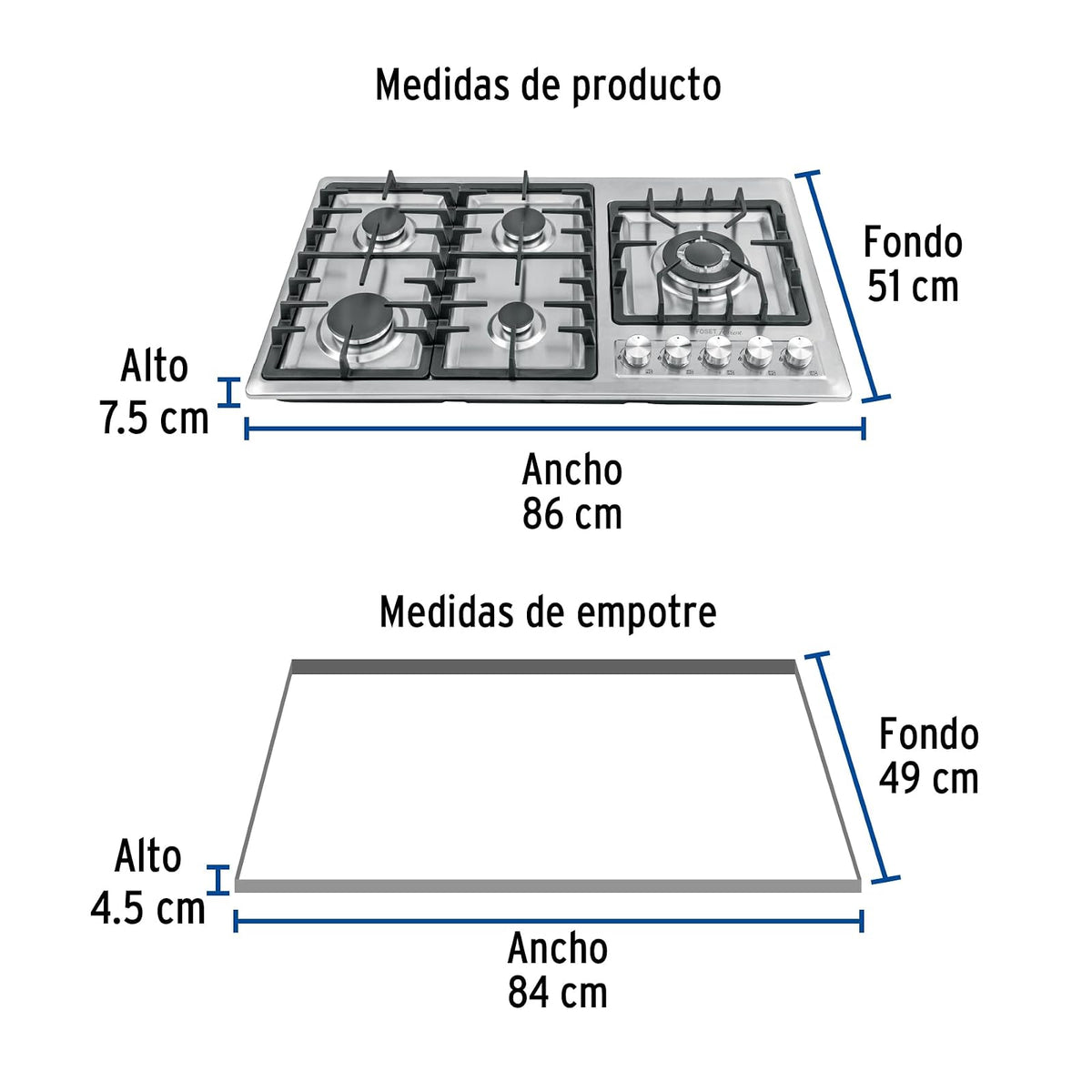 Foset Riviera PAE-915GA, Parrilla gas empotrable 90 cm 5 quemadores lateral inoxidable