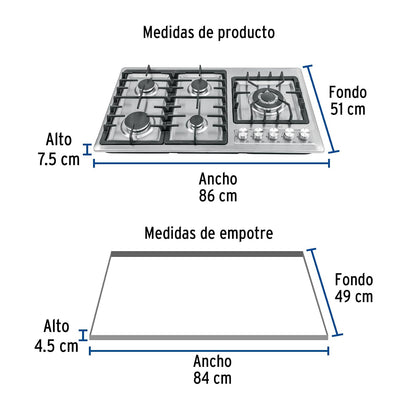 Foset Riviera PAE-915GA, Parrilla gas empotrable 90 cm 5 quemadores lateral inoxidable
