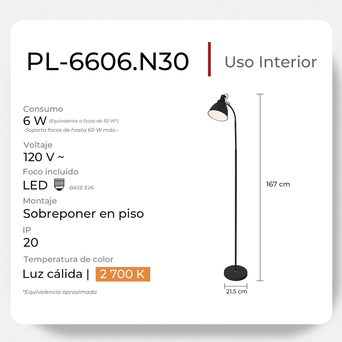 ILLUX Lámpara pie para sala estar, Moderna, color negro, Luz Cálida, Ajustable, ideal para dormitorio, oficina, PL-6606.N30