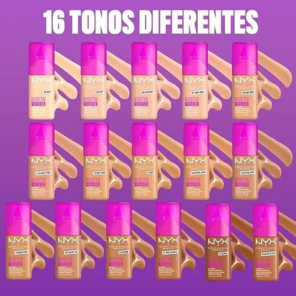 Nyx Professional Makeup, Make 'Em Wonder, Base de Maquillaje para Rostro, Acabado Mate y Resistente al Agua con Fórmula Vegana, Tono Buff (Medio Intenso), 30 ml