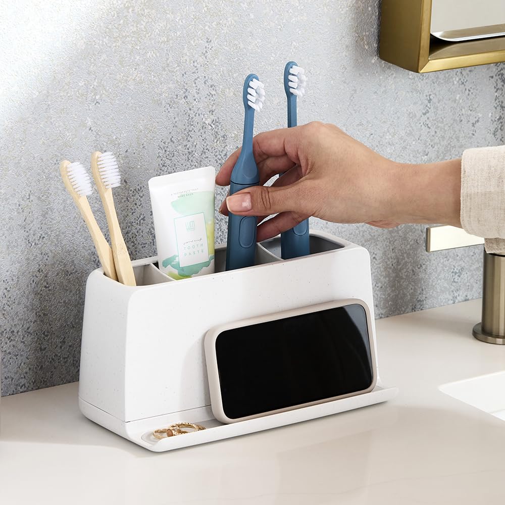 YouCopia The Ledge - Soporte para Cepillo para Polvo de Dientes, 3 Ranuras, Organizador de Cambiador de baño con Ranuras para Cables, Base extraíble y Almacenamiento para teléfonos, Pasta Dental y