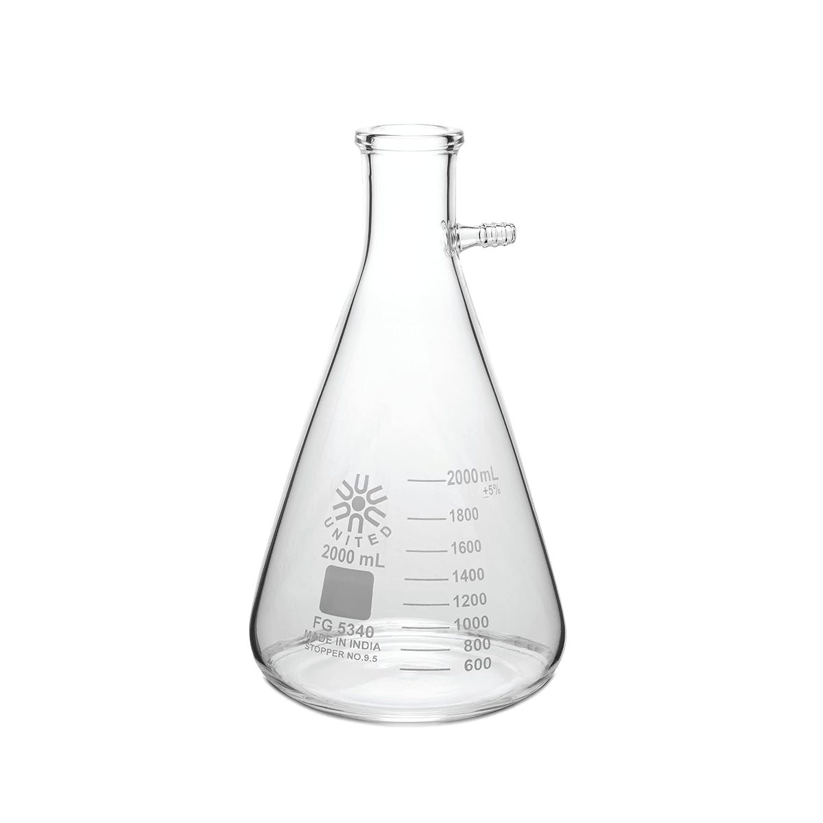 United Scientific™ FG5340-2000 - Frasco de filtro de pared pesado de vidrio de borosilicato de grado laboratorio, cuello de tornillo con tubulación, capacidad de 2000 ml (2 L)