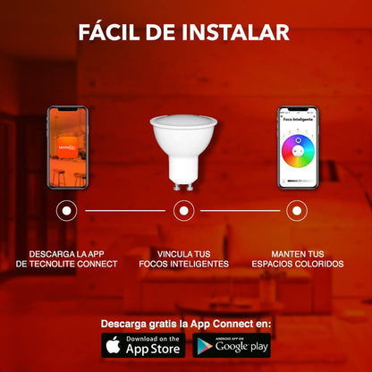 Tecnolite - Foco Inteligente LED de 5W de Potencia, Base GU10, Luz RGB + Blanca, Atenuable, Compatible con App móvil y Asistentes de voz