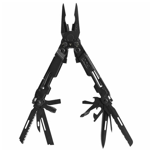 SOG PowerAccess Deluxe - Multiherramienta de acero inoxidable resistente con funda de nailon, dos cuchillas de cuchillo, abrebotellas y latas de color negro
