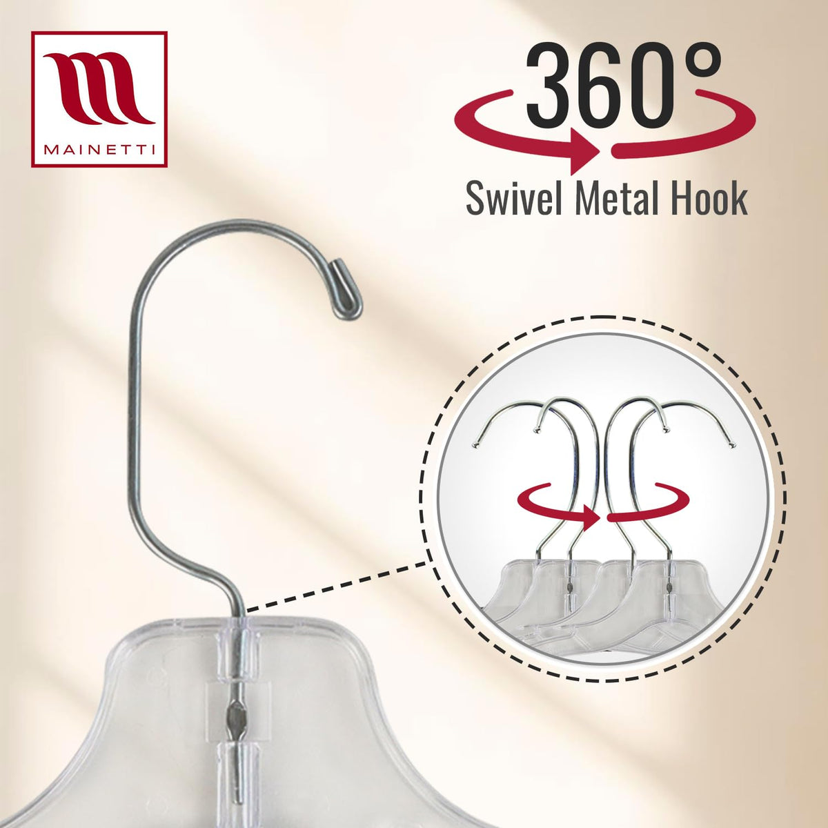 Mainetti 5075 - Perchas de plástico transparente con 360 ganchos giratorios de metal y muescas para correas, ideales para camisas de niños, blusas/vestidos, 12 pulgadas (paquete de 10)