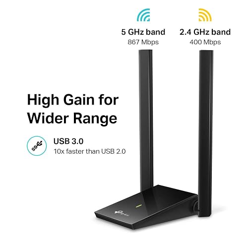 TP-Link Adaptador USB WiFi AC1300Mbps de Doble Banda 5dBi de Alta Ganancia Antena 2.4GHz/5GHz Adaptador de Red inalámbrico para PC de computadora (Archer T4U Plus) - Compatible con Windows 11/10, Mac