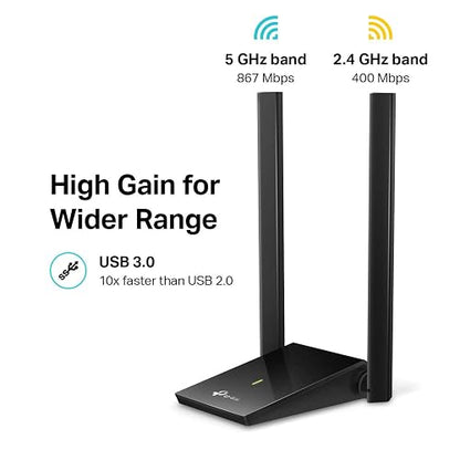 TP-Link Adaptador USB WiFi AC1300Mbps de Doble Banda 5dBi de Alta Ganancia Antena 2.4GHz/5GHz Adaptador de Red inalámbrico para PC de computadora (Archer T4U Plus) - Compatible con Windows 11/10, Mac