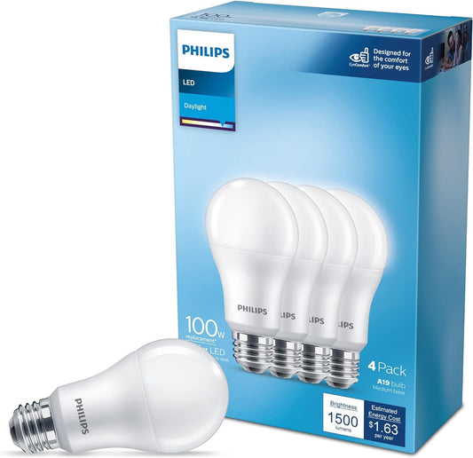 Philips LED Basic Frosted A19 no regulable, tecnología Eye Comfort, 450 lúmenes, luz diurna (5000), 5.5W = 40W, base E26, paquete de 4 unidades