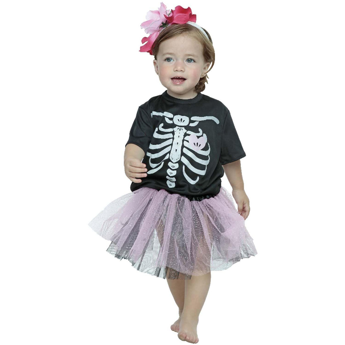 REV Disfraz de Catrina Rosa Palo para Niña. Poliéster. Ideal para Halloween y Fiestas de Disfraces