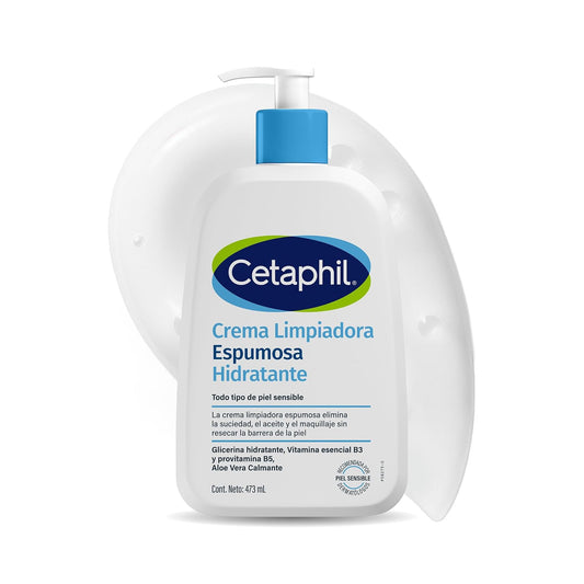 Cetaphil Crema Limpiadora Espumosa Hidratante Facial Rostro Sensible 473 ml | Con niacinamida B3, pantenol, glicerina, aloe vera y aminoácidos; limpia sin resecar, mantiene barrera, pH y microbioma sano.