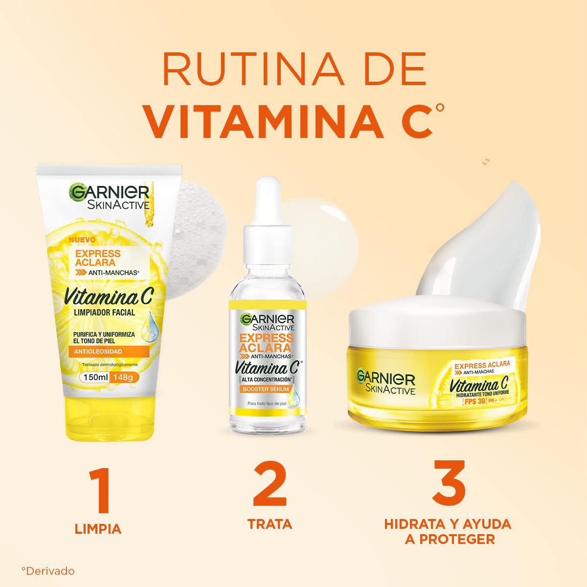 Kit Garnier Express Aclara Rutina anti manchas con Vitamina C: Sérum facial, crema hidratante y gel limpiador, 3 piezas. Hidrata, ilumina y unifica el tono de la piel