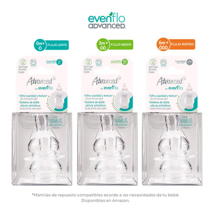Evenflo Advanced Biberón Anticólicos, Cuello Estándar, Rosa/Morado, Silicón Libre de BPA, Flujo Medio, 240ml, 3+ Meses, 2 Piezas