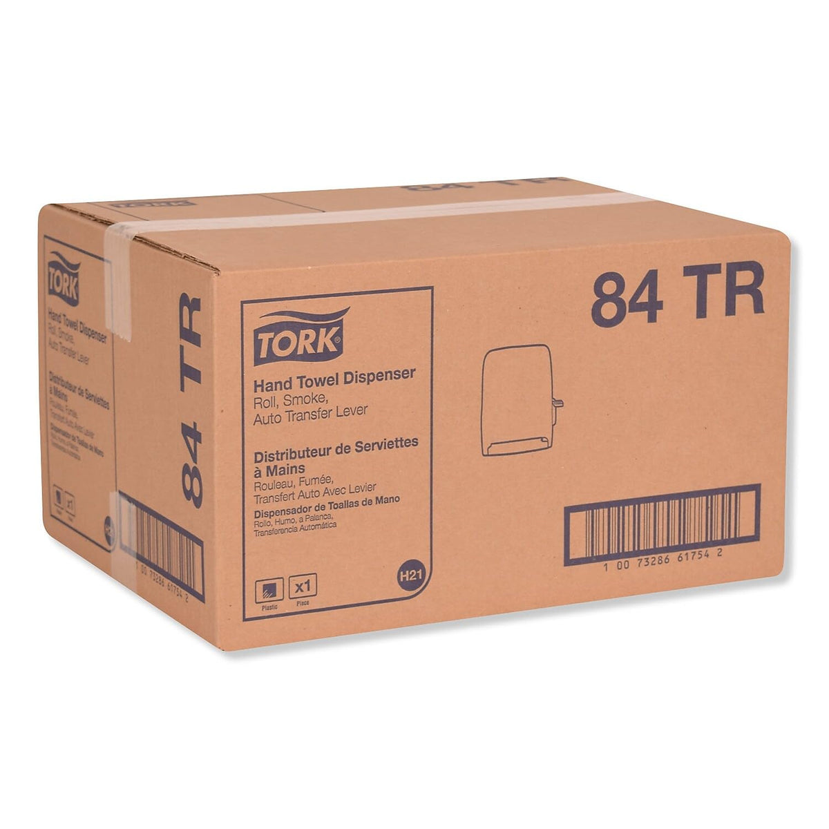 Tork Dispensador de Rollo de Toallas de Mano, Humo, H21, Palanca de Transferencia automática, Mango de Empuje, Alta Capacidad, translúcido, 84TR