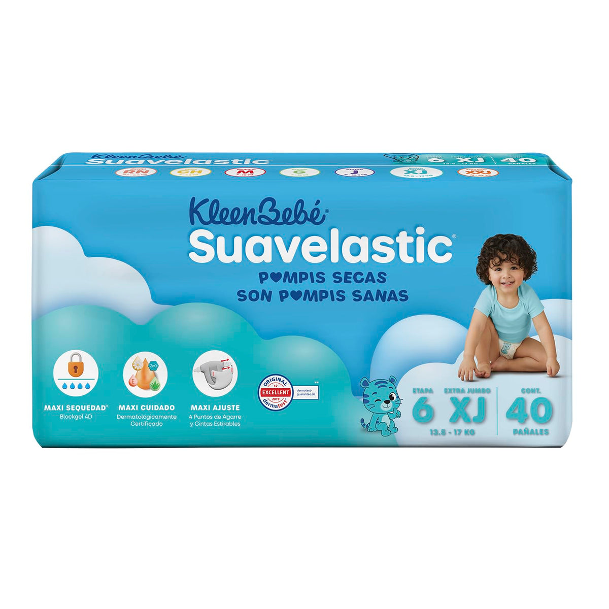 KleenBebé Suavelastic Pañal Desechable para Bebé, Talla Extra Jumbo, Unisex, Bolsa con 40 Piezas, Ideal para Bebés de más de 13.5 kg