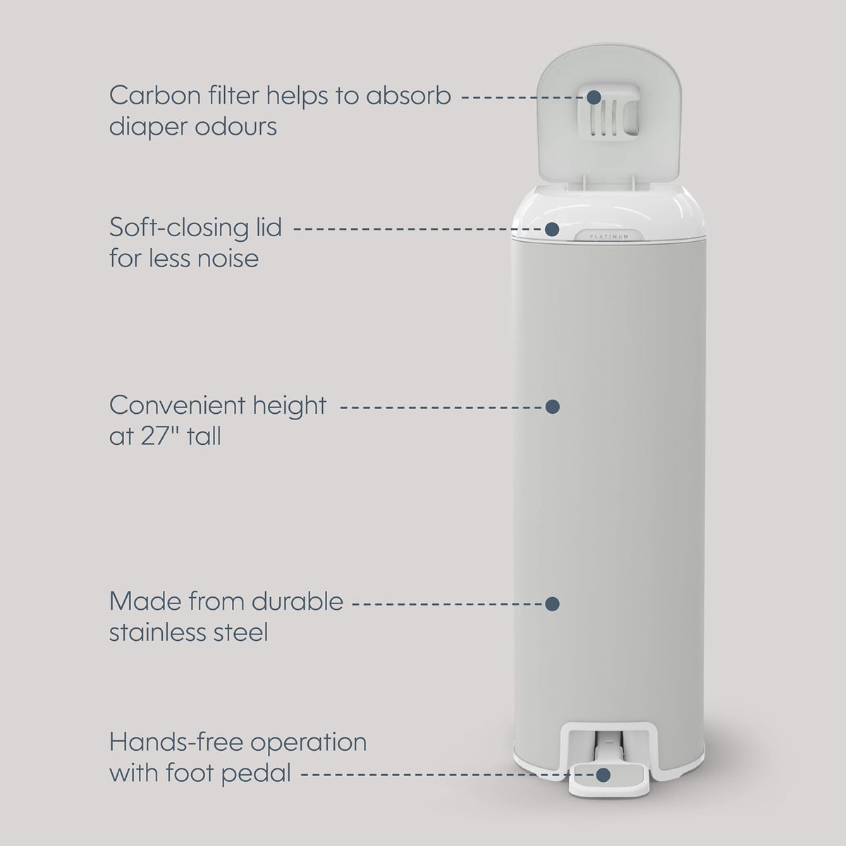 Diaper Genie Platinum Pail (gris piedra) está fabricado en acero inoxidable duradero e incluye 1 recambio de rollo fácil con 18 bolsas que pueden durar hasta 5 meses.